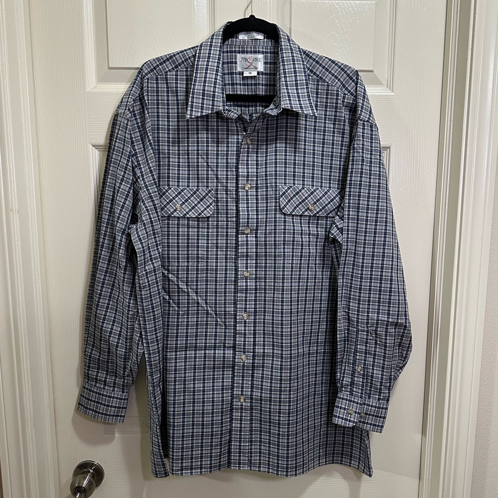 Men’s Long Sleeve Button Down Shirt Double Pocket Blue Gray Stripe Plaid Size 1X